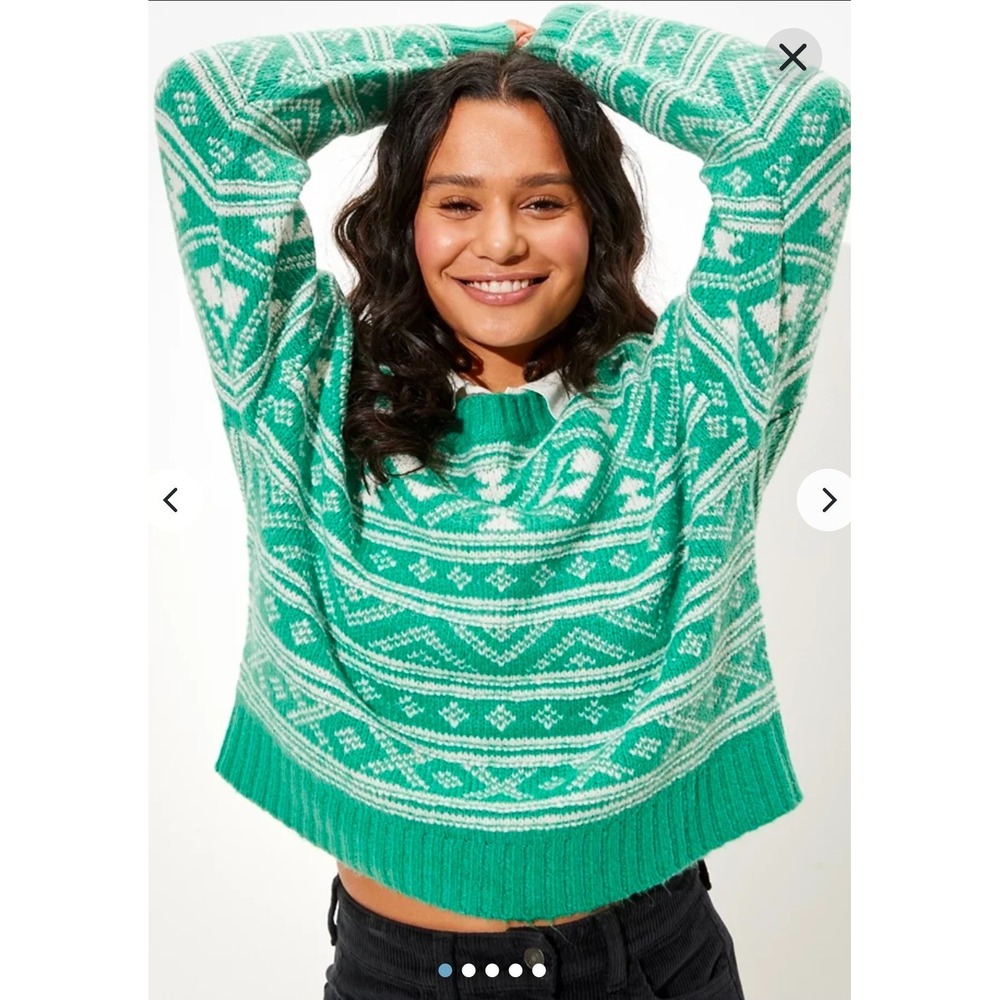American Eagle Womens‎ Green Fair Isle Chunky Knit Cropped Crewneck Sweater XS